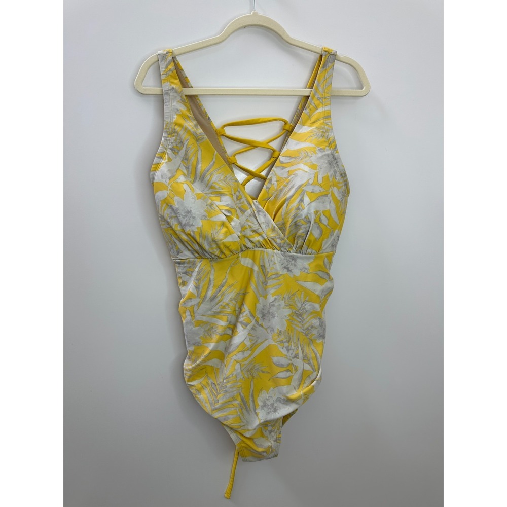Cacique Swim One Piece Swimsuit Yellow Floral Lace Up Back Ruched Plus Size 20 - Picture 2 of 11